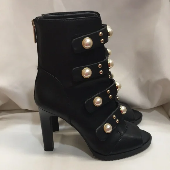 Karl Lagerfeld Brittie Embellished Pearls Women's 8M Peep Toe Black Booties - Picture 7 of 16